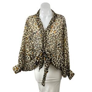 Free People Celia Womens Sheer Leopard Print Tie Front Long Sleeve Blouse Top OS